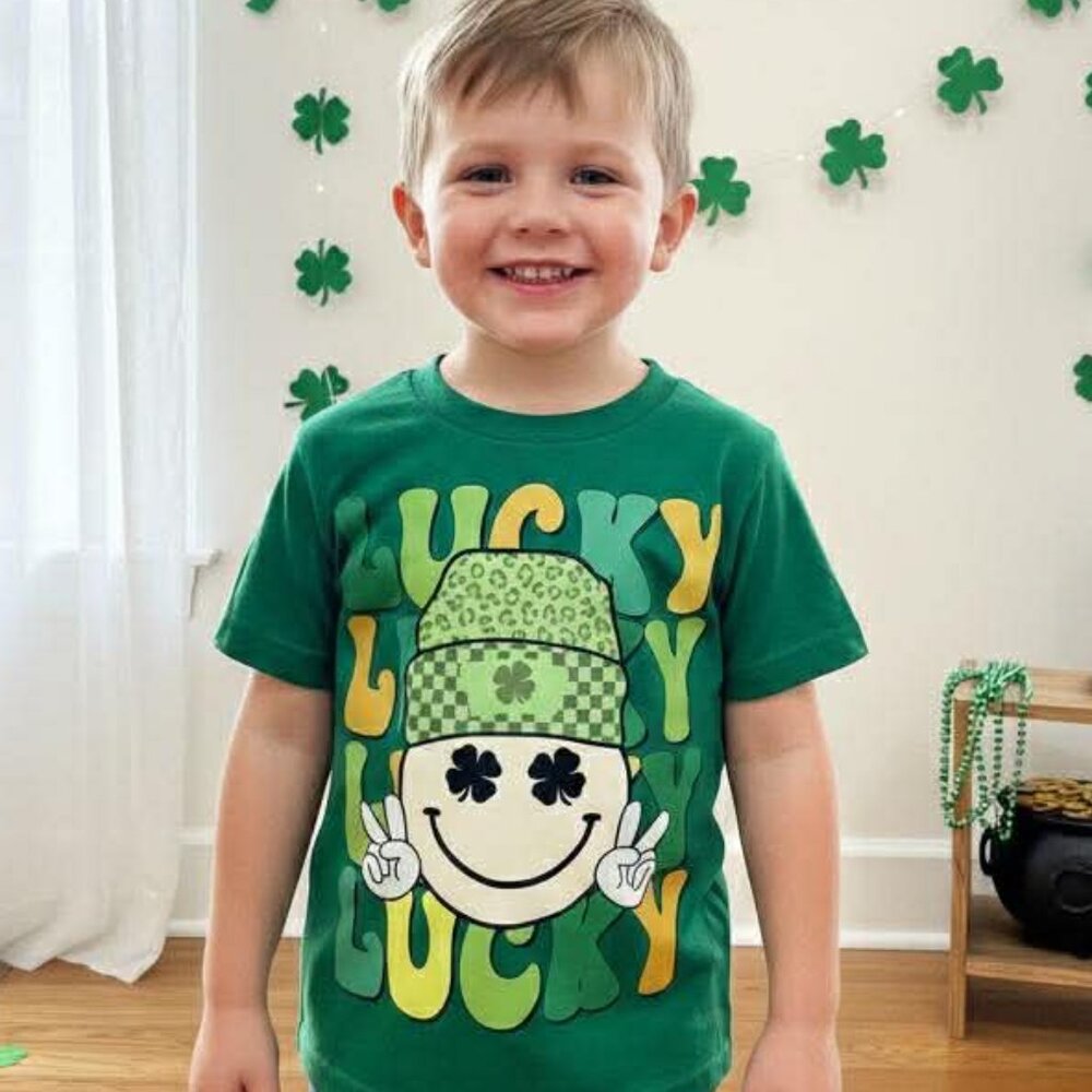 Boys’ Handmade “Lucky” St. Patrick’s Day Shirt – Smiley Shamrock Graphic Tee